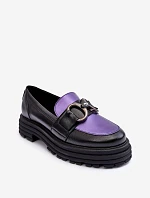 Dámské Loafersy Kožené na Plochém Podpatku Černá-Fialová Elkiza