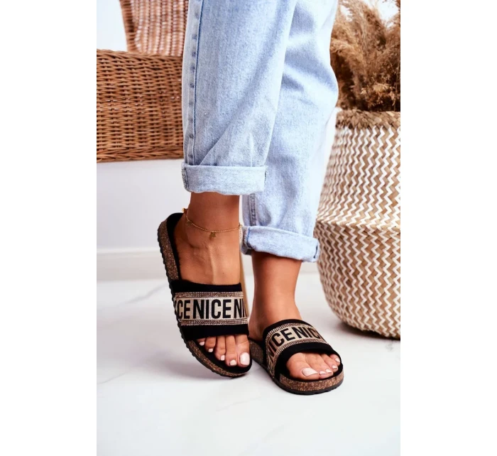 Nazouváky Na Korkové Podrážce Se Zirkony Černé-Zlaté Be Nice Nazouváky Na Korkové Podrážce Se Zirkony Černé-Zlaté Be Nice