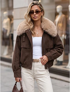 Dámská zimní bunda z semiše s kožešinou, hnědá, FashionStreet TY5694