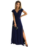 CRYSTAL - Tmavě modré lesklé dlouhé dámské šaty s výstřihem 411-3