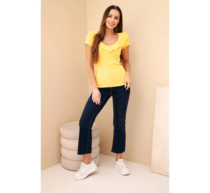 Dámská bavlněná blůza s dlouhým rukávem a lodičkovým výstřihem musztardová