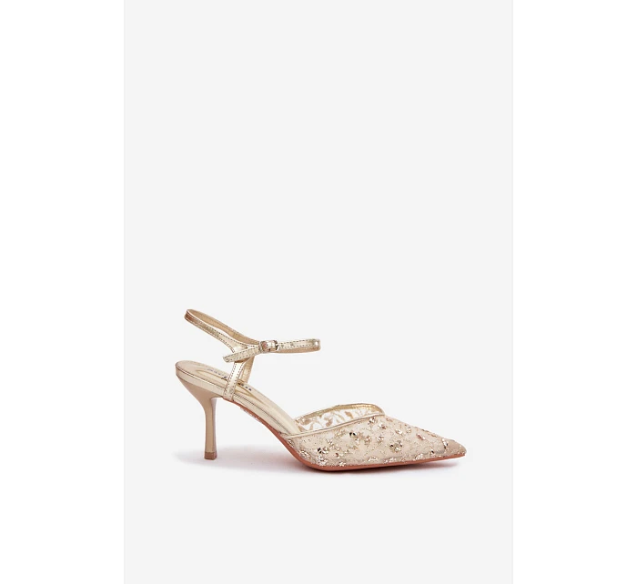 Pánské síťované dámské sandály na jehlovém podpatku se zdobením Zlato model 22103194 - Boto