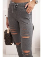 Dámské bavlněné kalhoty s oděvy a gumou v pase grafitové Dámské bavlněné kalhoty s oděvy a gumou v pase grafitové