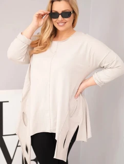 Dámská bavlněná blůza Plus Size s asymetrickým spodním lemem a výřezy béžová