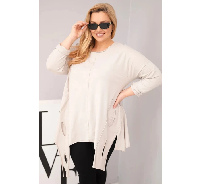 Dámská bavlněná blůza Plus Size s asymetrickým spodním lemem a výřezy béžová