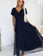 562-1 NASTIA Dlouhé šaty s výstřihem a krátkými rukávy - ZELENÉ