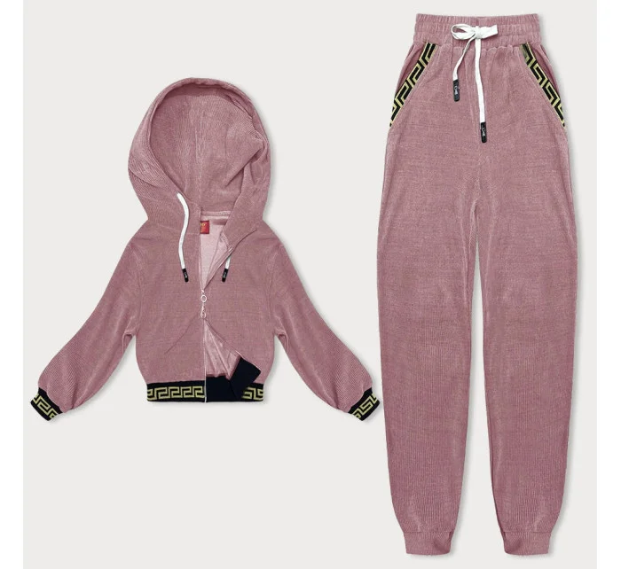 Růžový teplákový žebrovaný komplet s ozdobnými stahovacími lemy model 18901890 - LHD