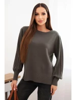 Dámský viskózový svetr s dlouhým rukávem a rozparkem po model 21410300 khaki - K-Fashion