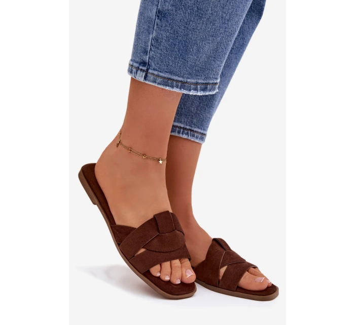 Dámské ploché sandály s pásky Eko semišové Čokoládové model 21943339 - Boto