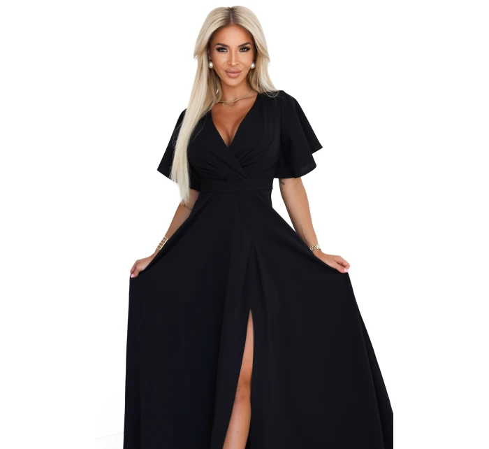 dlouhé šaty s rozparkem na rukávy a výstřihem černé model 21290293 - numoco