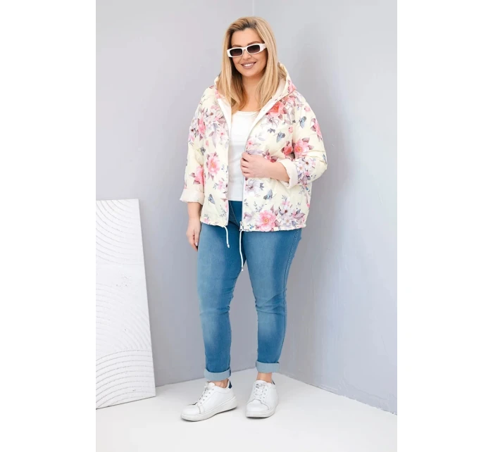 Dámská jarní prošívaná bunda Plus Size s kapucí a květinovým vzorem žlutá