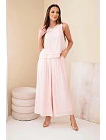 Dámský komplet z viskózy s tílkem bez rukávů a širokými kalhotami s ozdobným zakončením pudrově růžová