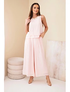 Dámský komplet z viskózy s tílkem bez rukávů a širokými kalhotami s ozdobným zakončením pudrově růžová