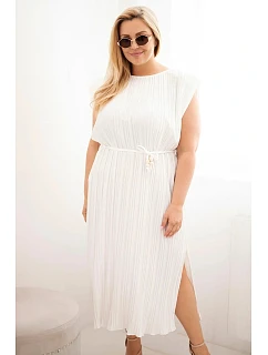 Dámské šaty Plus Size viskózové plisované s vázáním ecru
