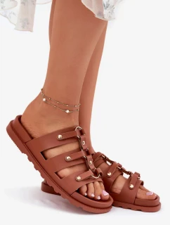 Dámské pantofle s pásky – camel