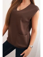 Dámský viskózový svetr bez rukávů s kapsami a výstřihem do V hnědý Dámský viskózový svetr bez rukávů s kapsami a výstřihem do V hnědý