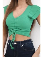 Dámská žebrovaná pruhovaná halenka na ramínkách s volánkem zelená