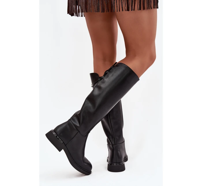 Zateplené dámské kozačky z pravé kůže na nízkém podpatku model 21713362 Černé - VINCEZA