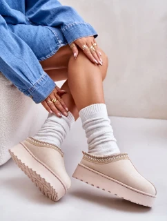 Sněhule Dámské Na Platformě Zateplené Kožíškem Světle Béžové Remenia