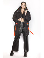 Černá dámská péřová bunda s ozdobnými páskami (AG2-J85)