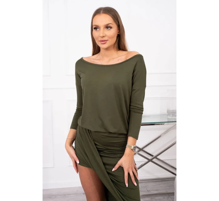 Asymetrické šaty s 3/4 rukávy v khaki barvě