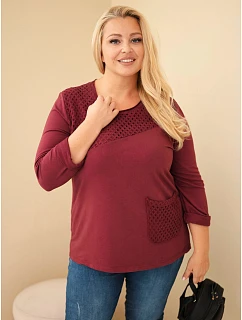 Dámská bavlněná mikina Plus Size s krajkovým vsadkou a kapsou bordó