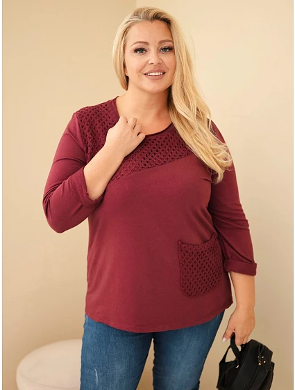Dámská bavlněná mikina Plus Size s krajkovým vsadkou a kapsou bordó