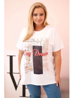 Dámská bavlněná halenka Plus Size s potiskem  bílá + tmavě modrá model 21175963 - K-Fashion