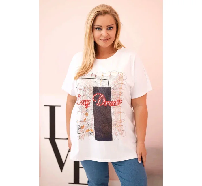 Dámská bavlněná halenka Plus Size s potiskem  bílá + tmavě modrá model 21175963 - K-Fashion