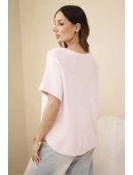 Dámský svetr s krátkým rukávem volného střihu pudrově růžový