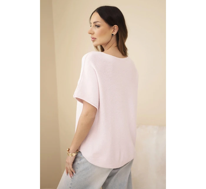 Dámský svetr s krátkým rukávem volného střihu pudrově růžový