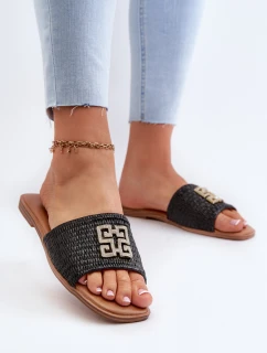 Ploché dámské žabky s pletením a ozdobou černé Omenna