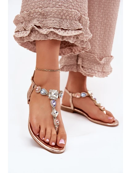Dámské sandály na plochém podpatku s krystaly růžové zlato model 21699543 - Boto Dámské sandály na plochém podpatku s krystaly růžové zlato model 21699543 - Boto