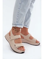 Kožené dámské sandály na platformě na suchý zip Béžové model 22136692 - EVENTO