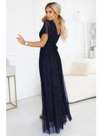 dlouhé lesklé šaty s výstřihem a krátkými rukávy tmavě modré model 21777396 - numoco basic dlouhé lesklé šaty s výstřihem a krátkými rukávy tmavě modré model 21777396 - numoco basic