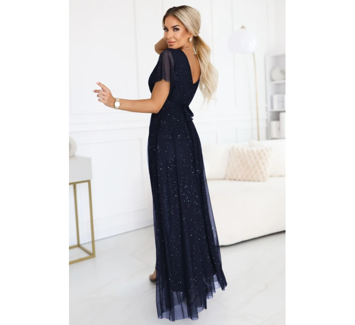 dlouhé lesklé šaty s výstřihem a krátkými rukávy tmavě modré model 21777396 - numoco basic dlouhé lesklé šaty s výstřihem a krátkými rukávy tmavě modré model 21777396 - numoco basic