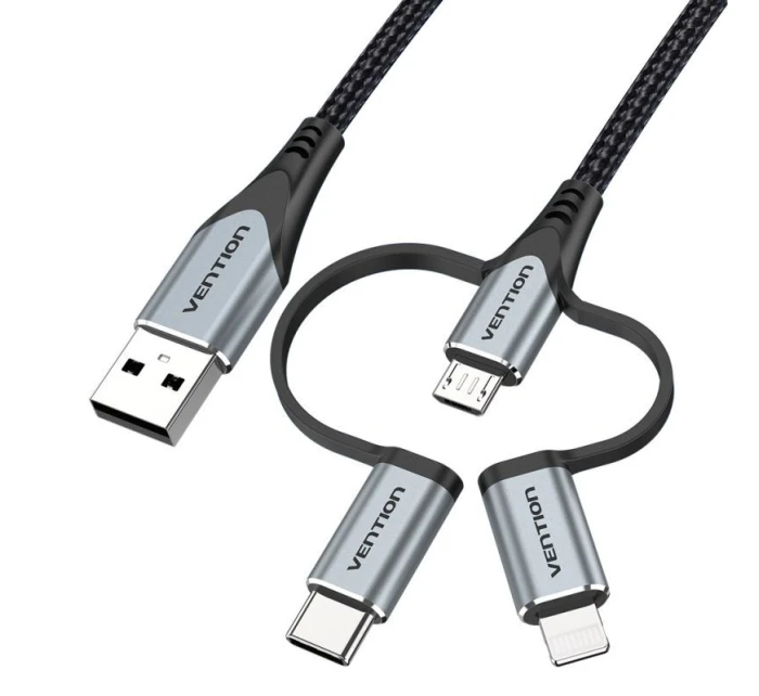 Vention USB-A 3v1 Micro-B USB-C Lightning kabel 1m šedý