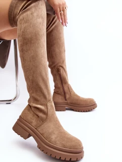 Dámské kozačky nad koleno na ploché podrážce béžové model 21641044 - EVENTO