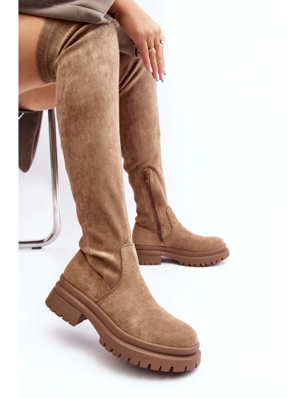 Dámské kozačky nad koleno na ploché podrážce béžové model 21641044 - EVENTO Dámské kozačky nad koleno na ploché podrážce béžové model 21641044 - EVENTO