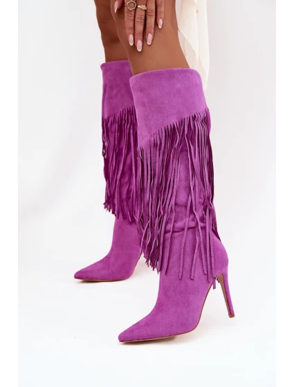 Dámské kozačky na jehlovém podpatku s třásněmi fialové Isalune Dámské kozačky na jehlovém podpatku s třásněmi fialové Isalune