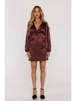 Saténové mini šaty s rukávy hnědé model 21479292 - Moe Saténové mini šaty s rukávy hnědé model 21479292 - Moe