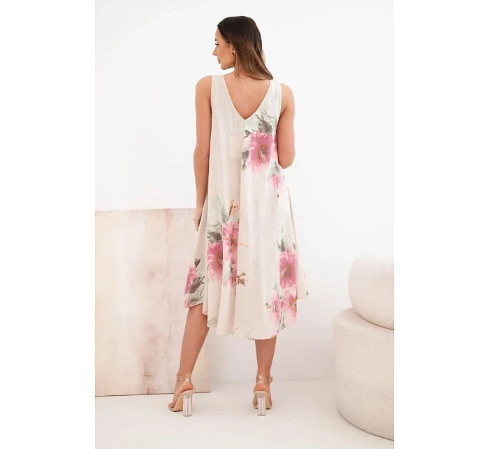 Dámské bavlněné oversize šaty s výstřihem do V a květinovým potiskem béžová Dámské bavlněné oversize šaty s výstřihem do V a květinovým potiskem béžová