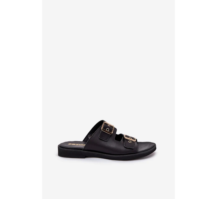 Kožené Ploché Pantofle S Přezkami Zazoo 3020 Černé