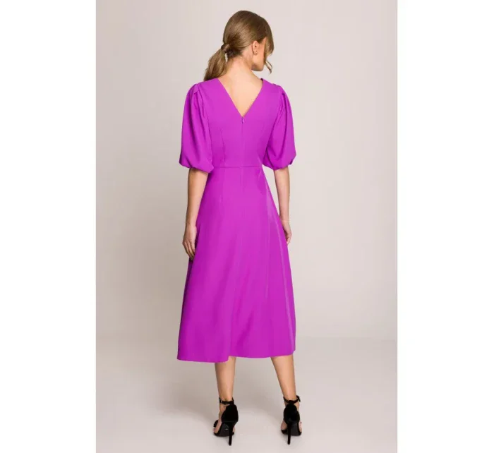 S399 Šaty s puff rukávy - levandulová barva S399 Šaty s puff rukávy - levandulová barva