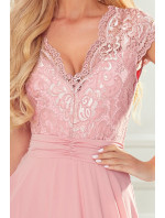 LINDA - Dámské šifonové šaty ve špinavě růžové barvě s krajkovým výstřihem 381-1