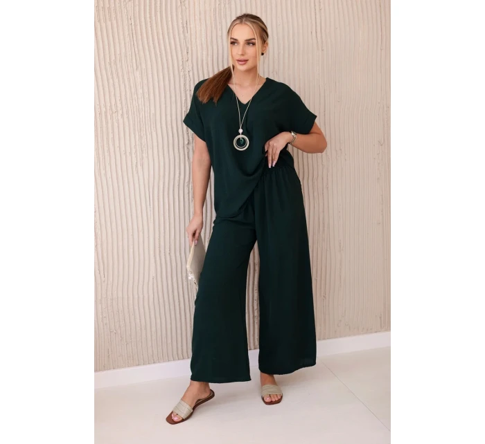 Komplet s náhrdelníkem halenka + kalhoty tmavě zelená