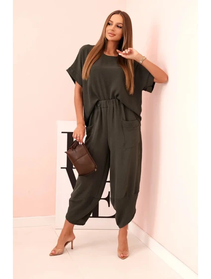 Komplet z viskózy halenka + kalhoty khaki Komplet z viskózy halenka + kalhoty khaki