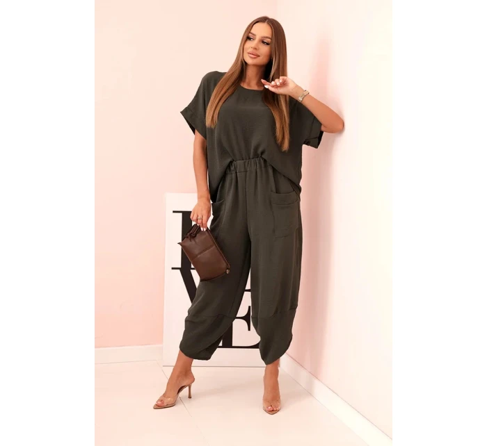 Komplet z viskózy halenka + kalhoty khaki Komplet z viskózy halenka + kalhoty khaki