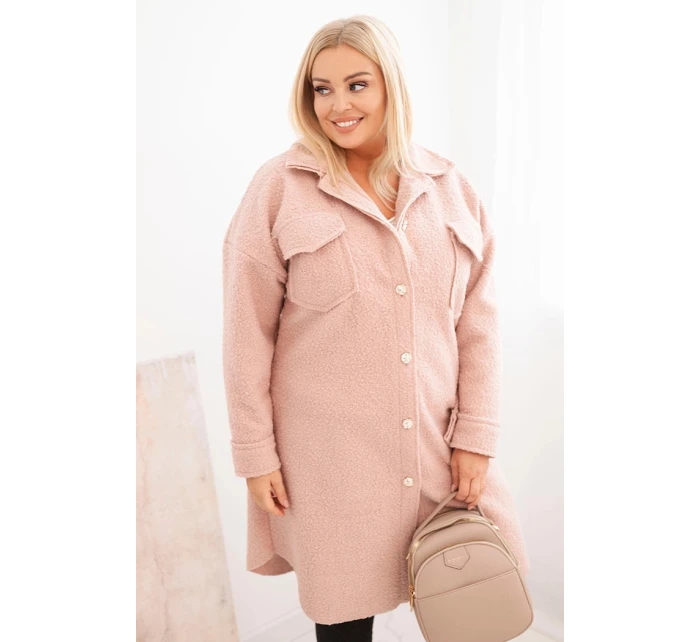 Dámský plášť Plus Size s vlnou na knoflíky s kapsami a límcem pudrově růžový Dámský plášť Plus Size s vlnou na knoflíky s kapsami a límcem pudrově růžový