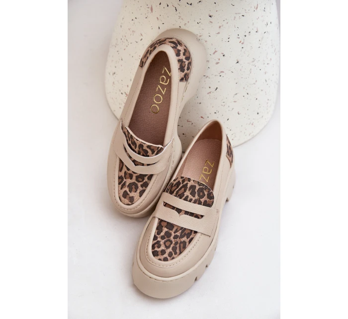 Dámské Kožené Mokasíny Na Platformě A Ploché Podpatky Leopardí Světle Béžové model 21683942 - Zazoo